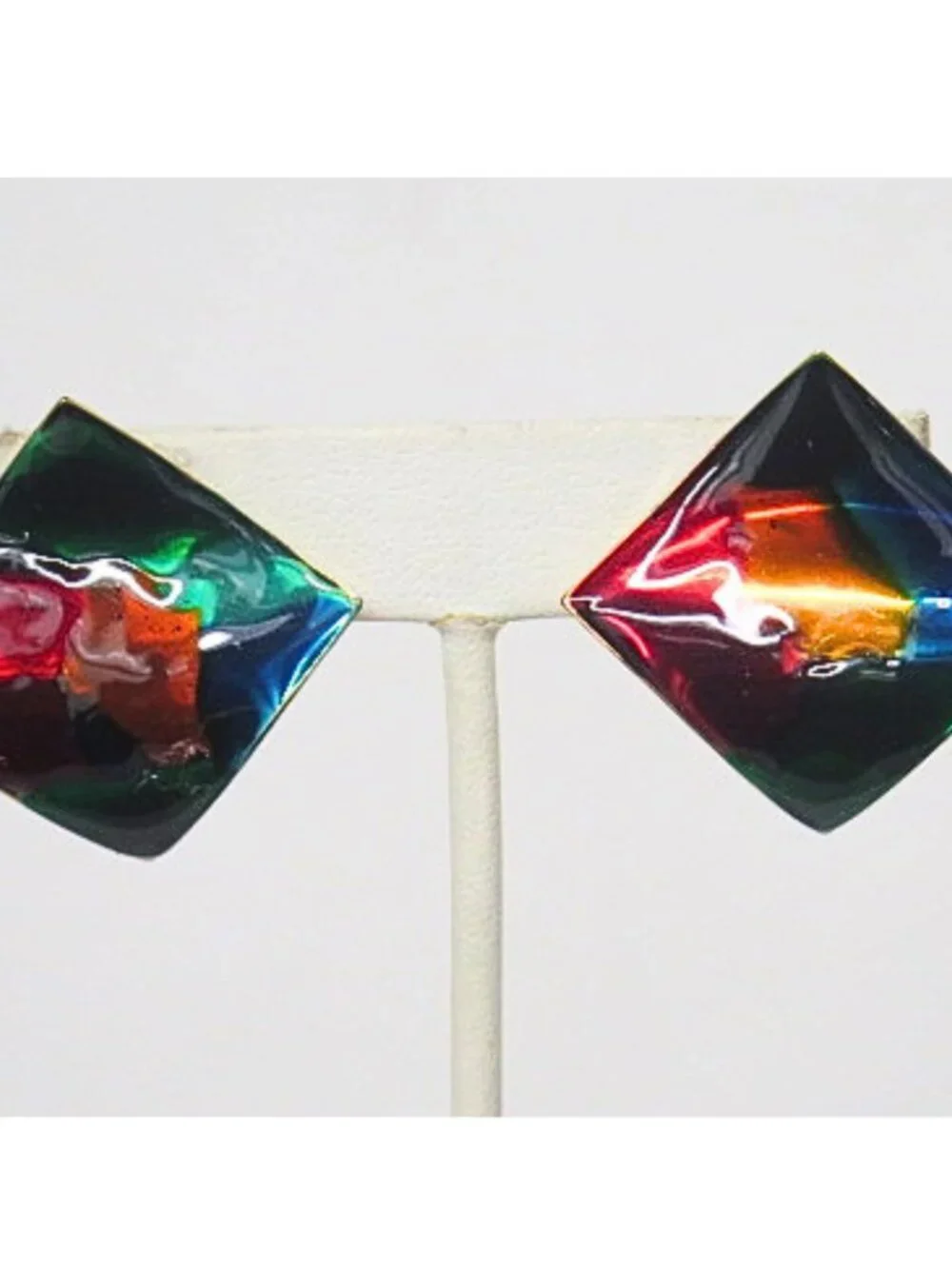 Vintage Multicolor Enamel Geometric Diamond Clip-On Statement Earrings